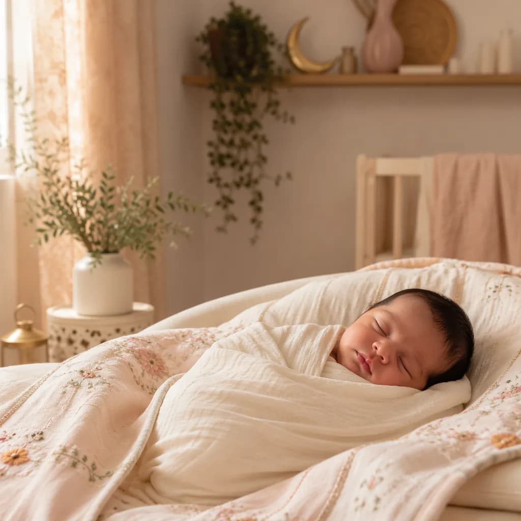 Sleeping newborn in a soft pastel nursery with gentle South Asian-inspired details.