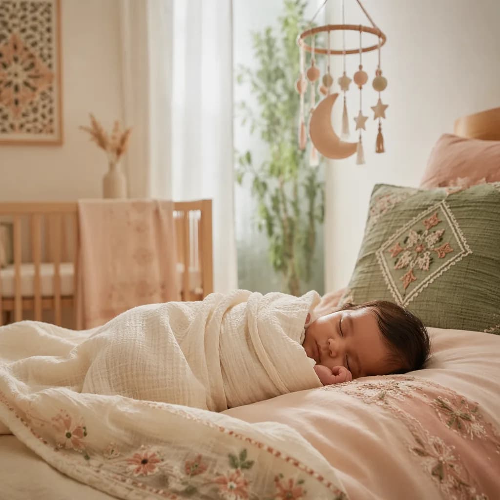 Peaceful baby in a soft pastel Urdu-inspired nursery with gentle natural light.