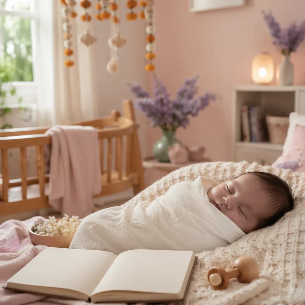 A peaceful swaddled baby in a pastel nursery with soft Indian-inspired floral decor.