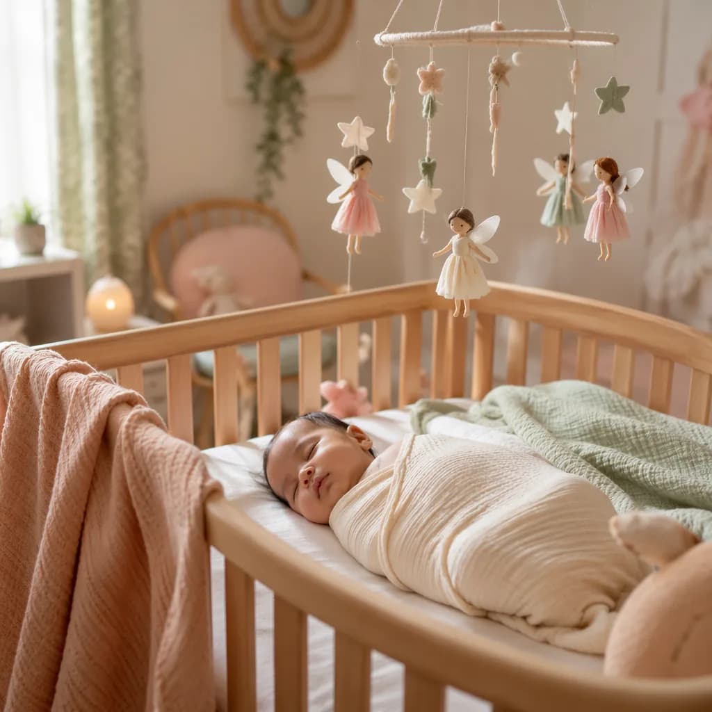 A softly lit pastel nursery with a swaddled sleeping baby and delicate fairy mobile.