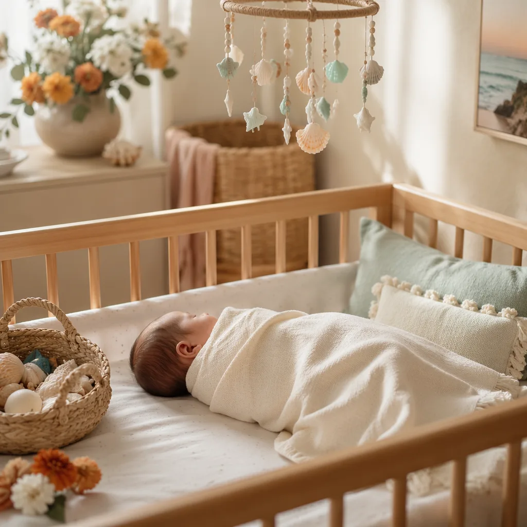 A peaceful pastel nursery with a swaddled newborn, soft coastal details, and gentle floral accents.