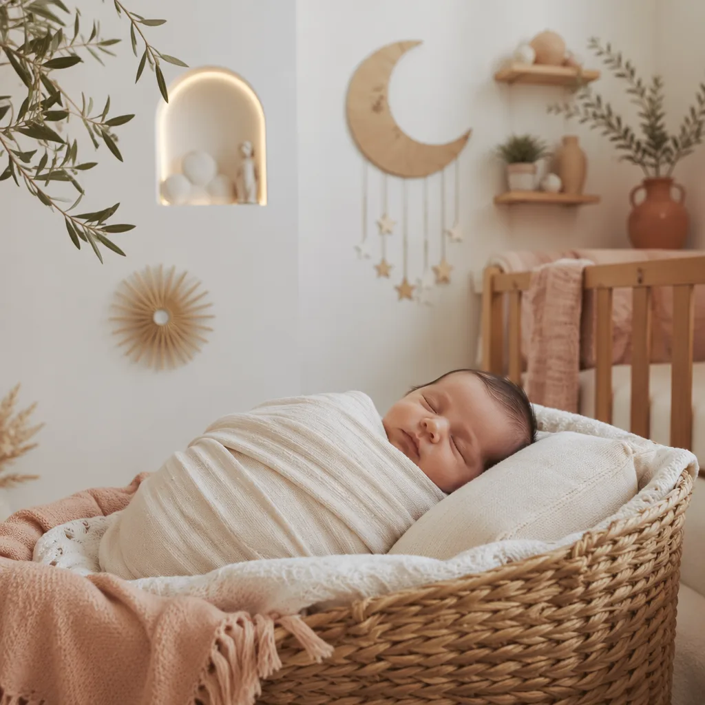 Sleeping newborn in a soft Spanish-inspired nursery with gentle celestial decor.