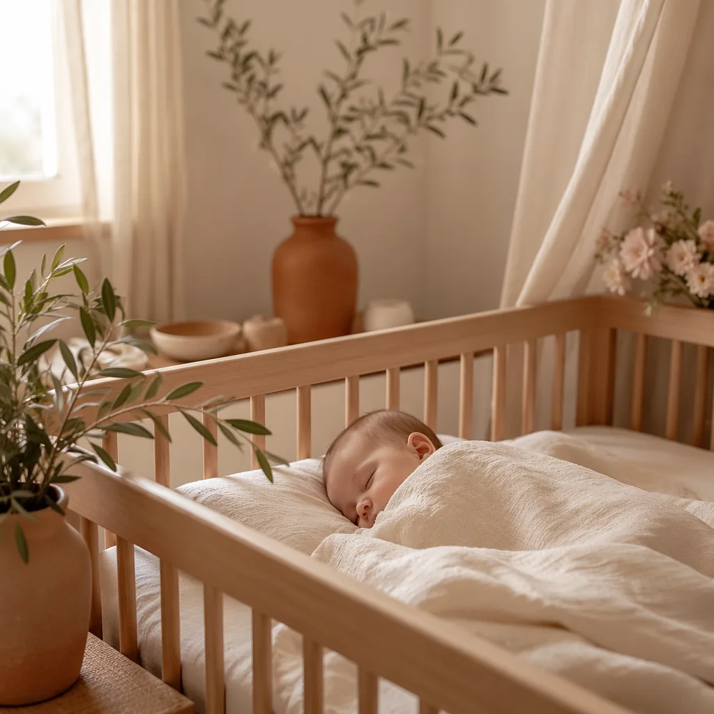 A serene Spanish-inspired nursery with a sleeping baby, soft linens, olive branch, and pastel light.