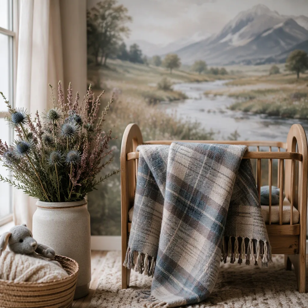 Cozy Scottish-inspired nursery with tartan blanket, heather, thistle, and soft Highland meadow details.