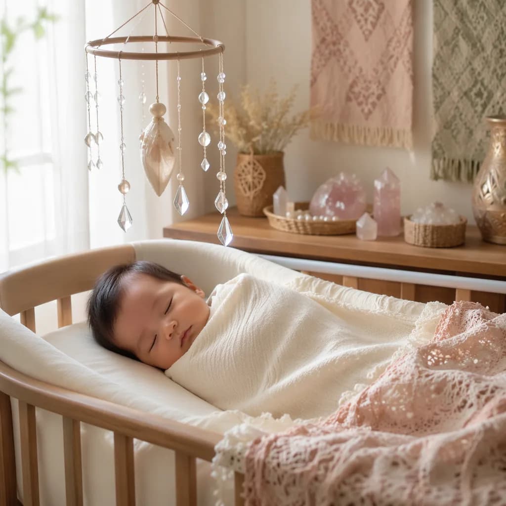 Sleeping baby in a warm pastel nursery with subtle jewel-inspired decor.