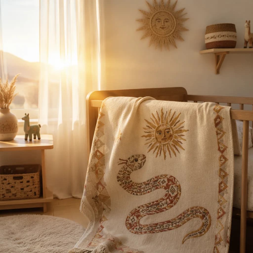 Cozy pastel nursery with sunrise light, woven blanket, sun decor, and subtle serpent motif.
