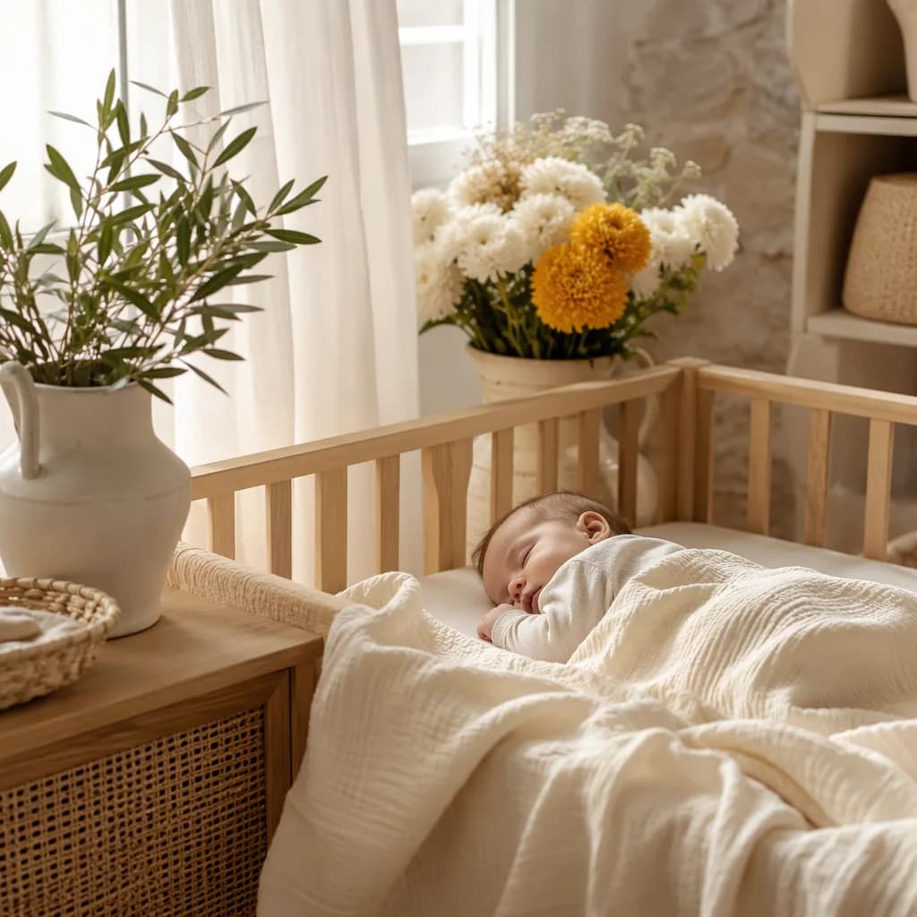 Soft pastel Greek-inspired nursery with a sleeping baby, olive branch, and golden chrysanthemum flowers.