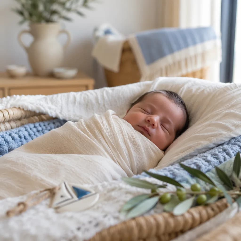 A peaceful Greek-inspired nursery with a swaddled sleeping baby, olive branch, and soft blue-white accents.