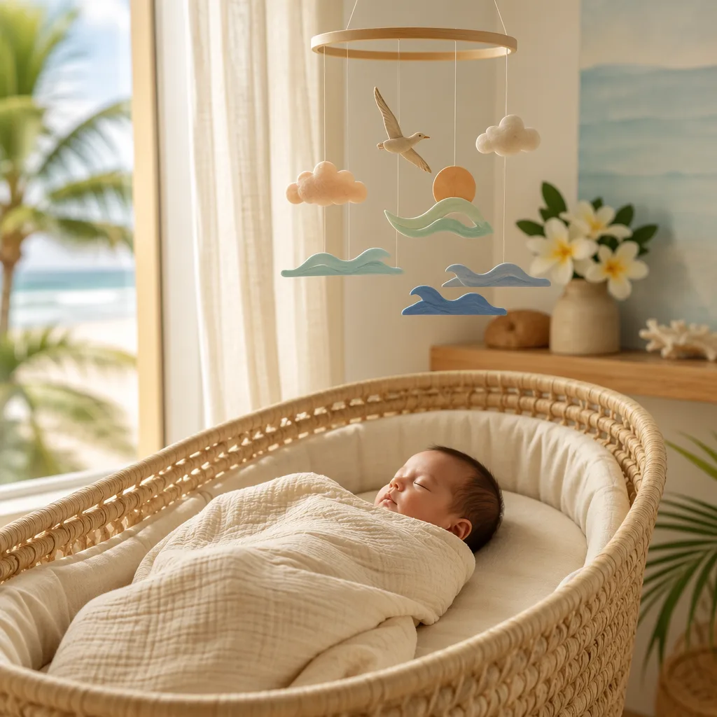 Sleeping baby in a soft Hawaiian-inspired nursery with plumeria, ocean tones, and a soaring bird mobile.