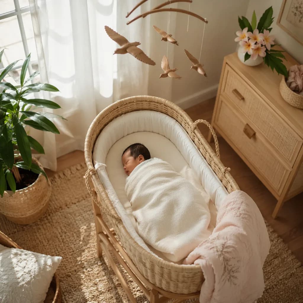 Soft Hawaiian-inspired nursery with a sleeping baby and bird mobile.