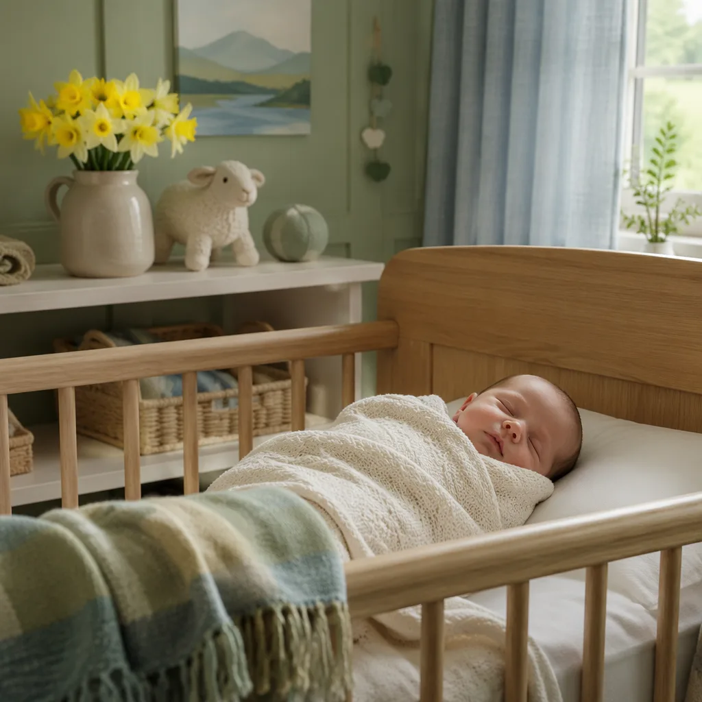 Sleeping baby in a cozy Welsh-inspired nursery with soft pastels and daffodils.