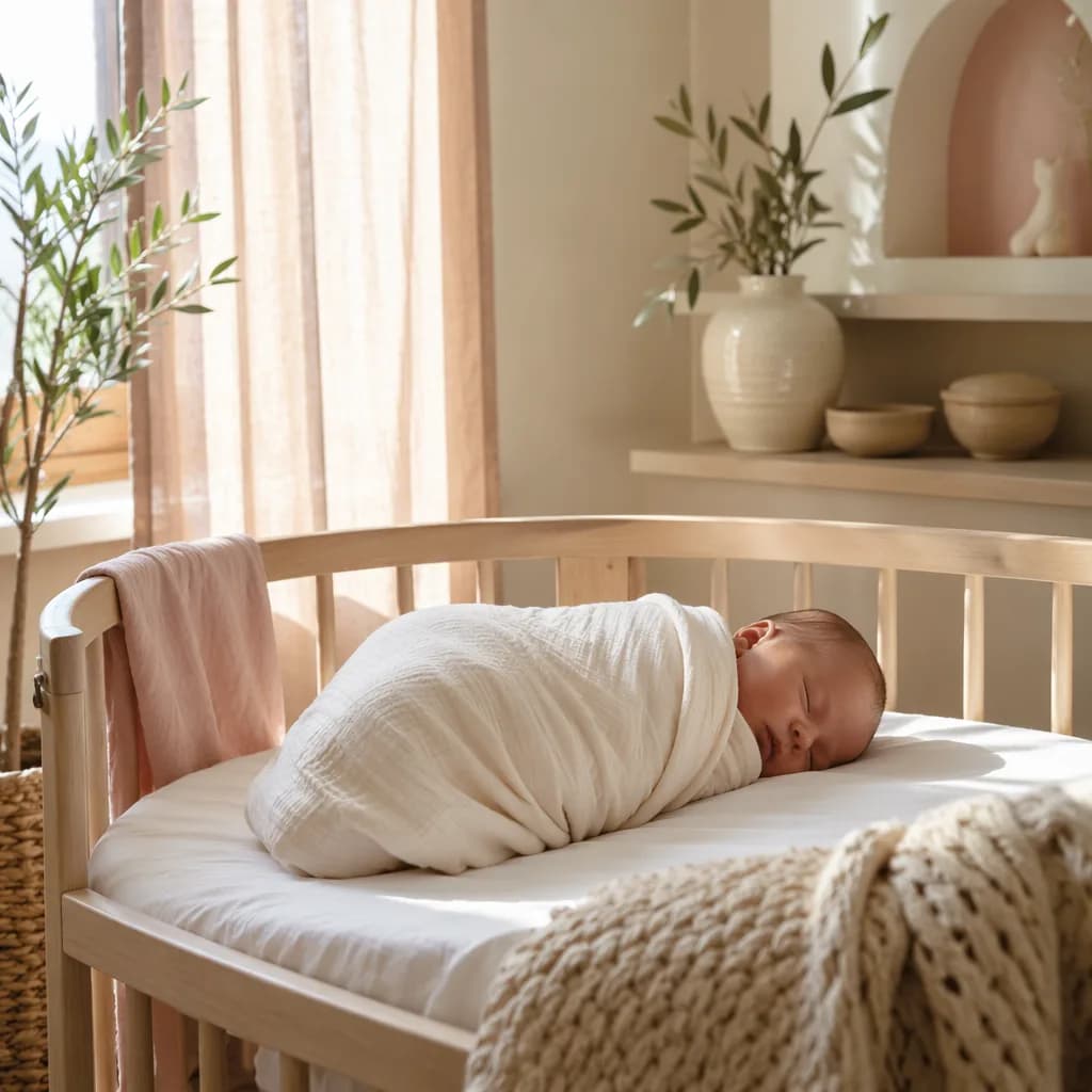 Soft sunlit Greek-inspired nursery with a swaddled sleeping baby and olive branch details.