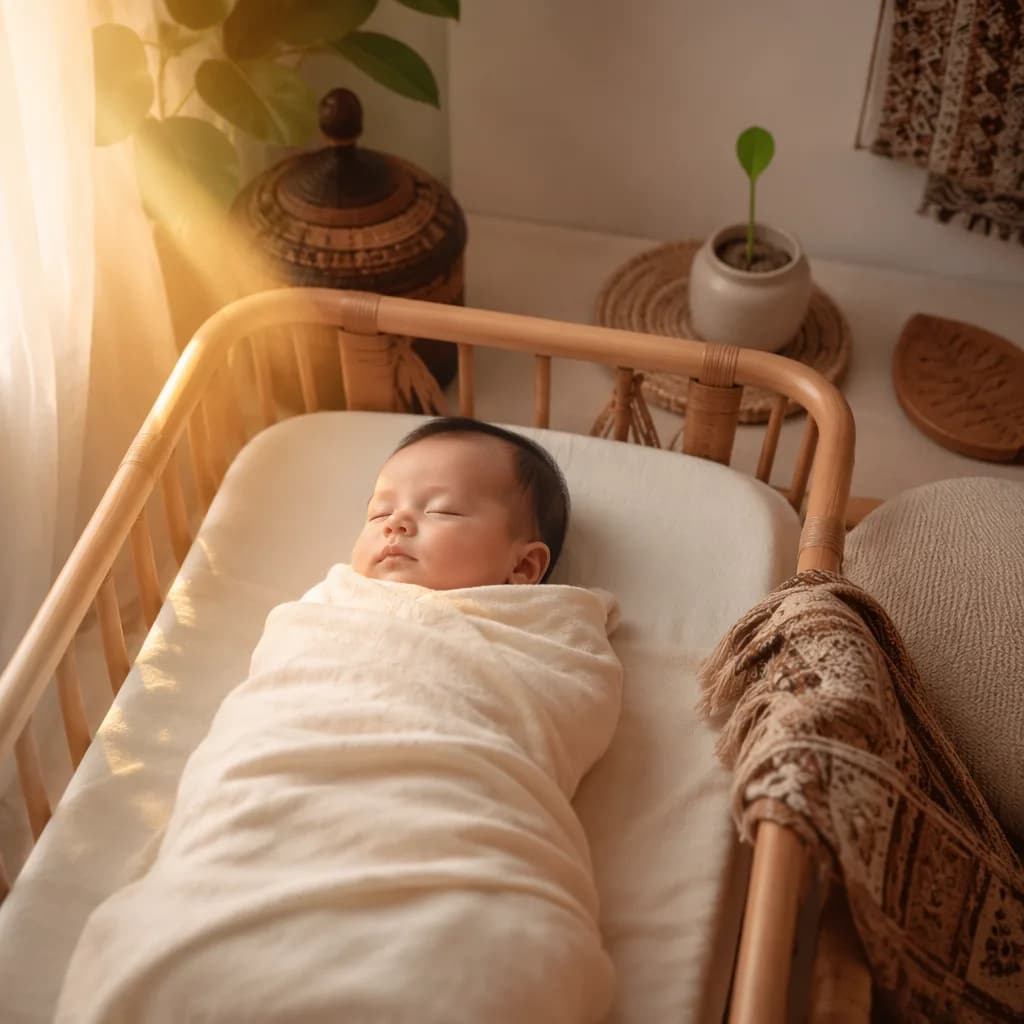 Soft pastel Indonesian nursery scene with a swaddled sleeping baby and gentle morning light.