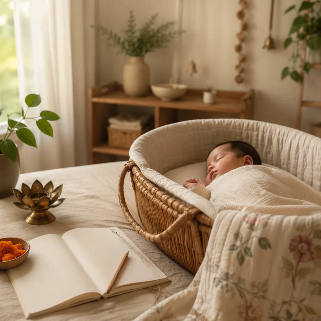 Soft pastel nursery scene with a peacefully sleeping baby and subtle Indian-inspired poetic details.