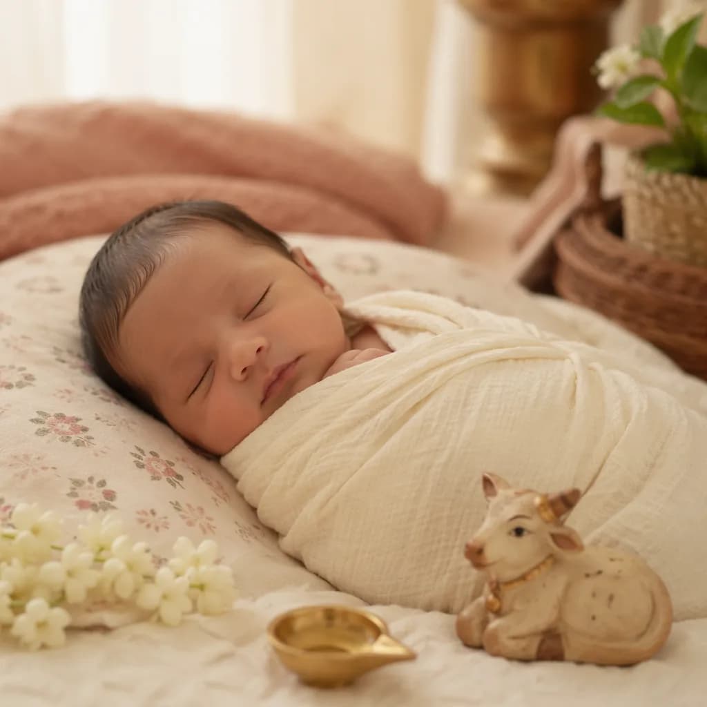 Sleeping swaddled baby in a warm pastel nursery with jasmine and gentle Indian-inspired decor.