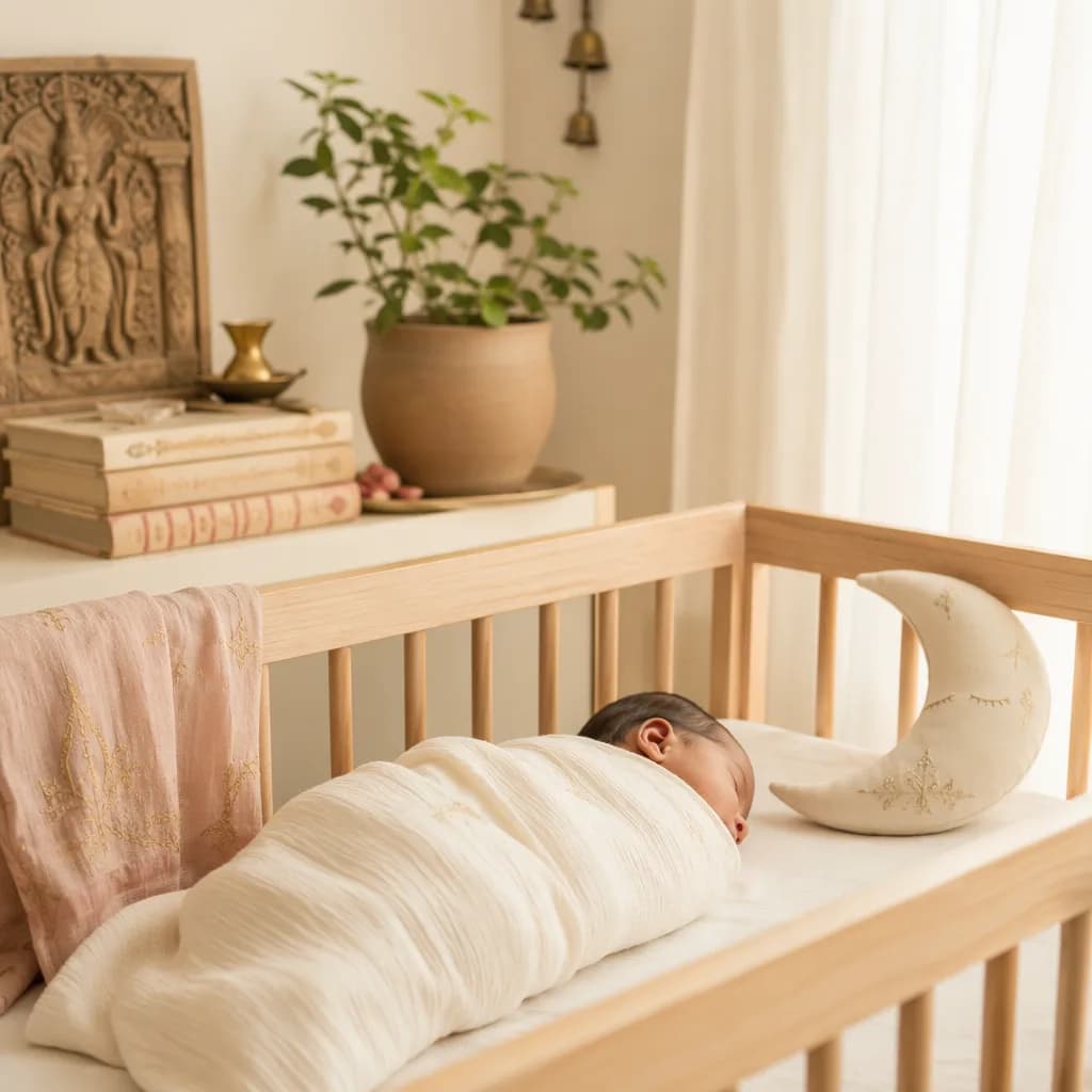 A peaceful swaddled baby in a soft pastel nursery with moon and earthy decor.