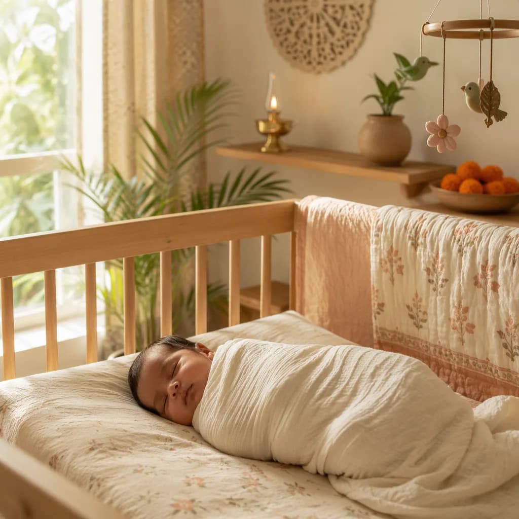 A peaceful pastel nursery with a swaddled sleeping baby and subtle Indian-inspired decor.