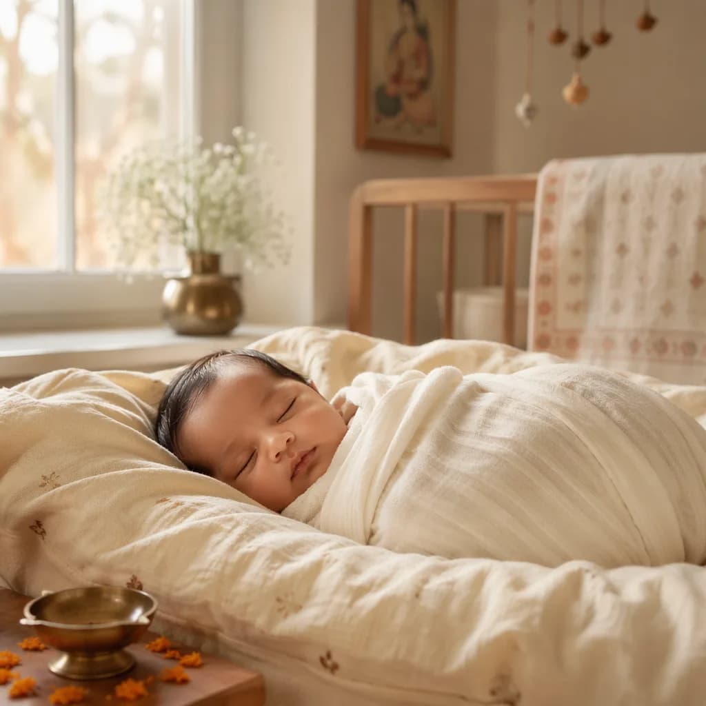 Sleeping baby in a soft nursery with gentle winter light and subtle Sanskrit-inspired decor
