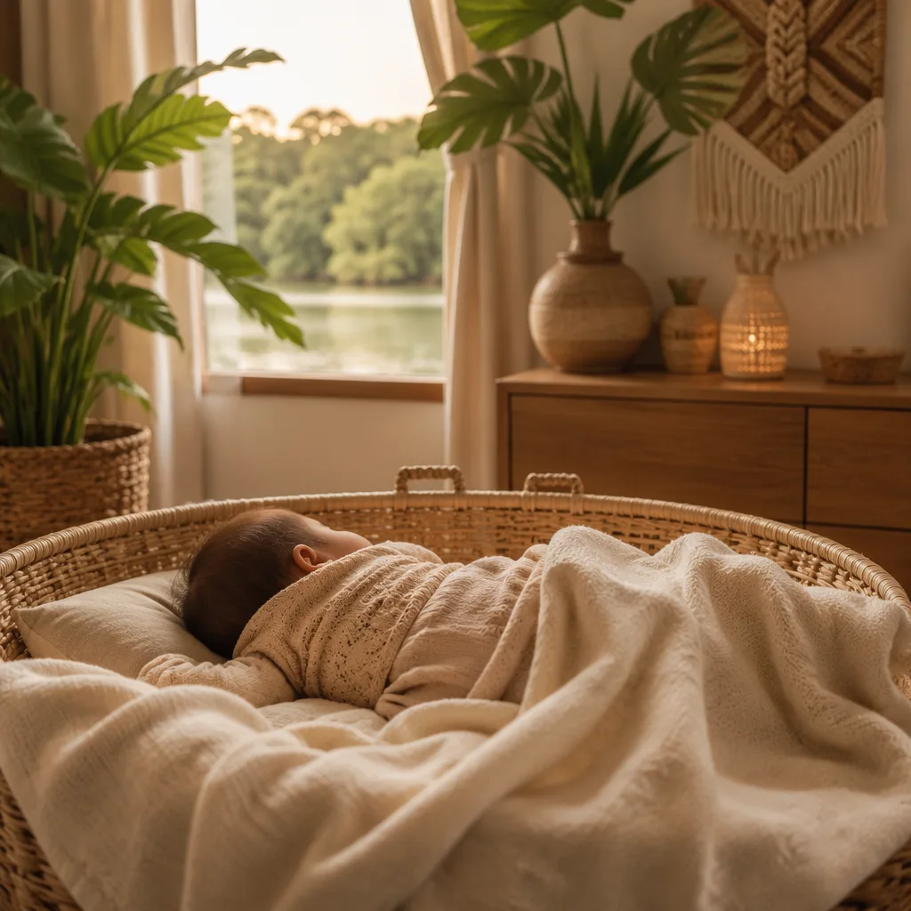 Peaceful baby in a soft pastel nursery with natural woven and leafy accents.