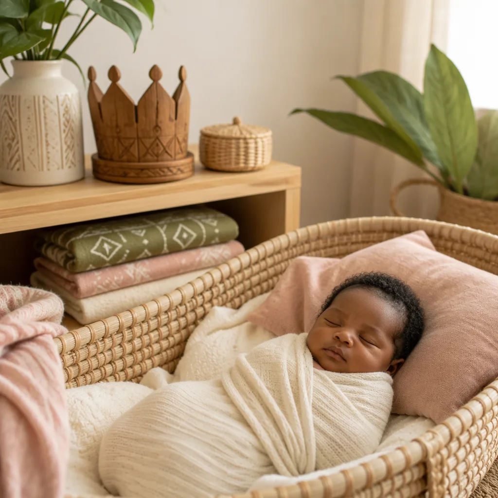 A peaceful Yoruba-inspired nursery with a sleeping swaddled baby in warm pastel light.