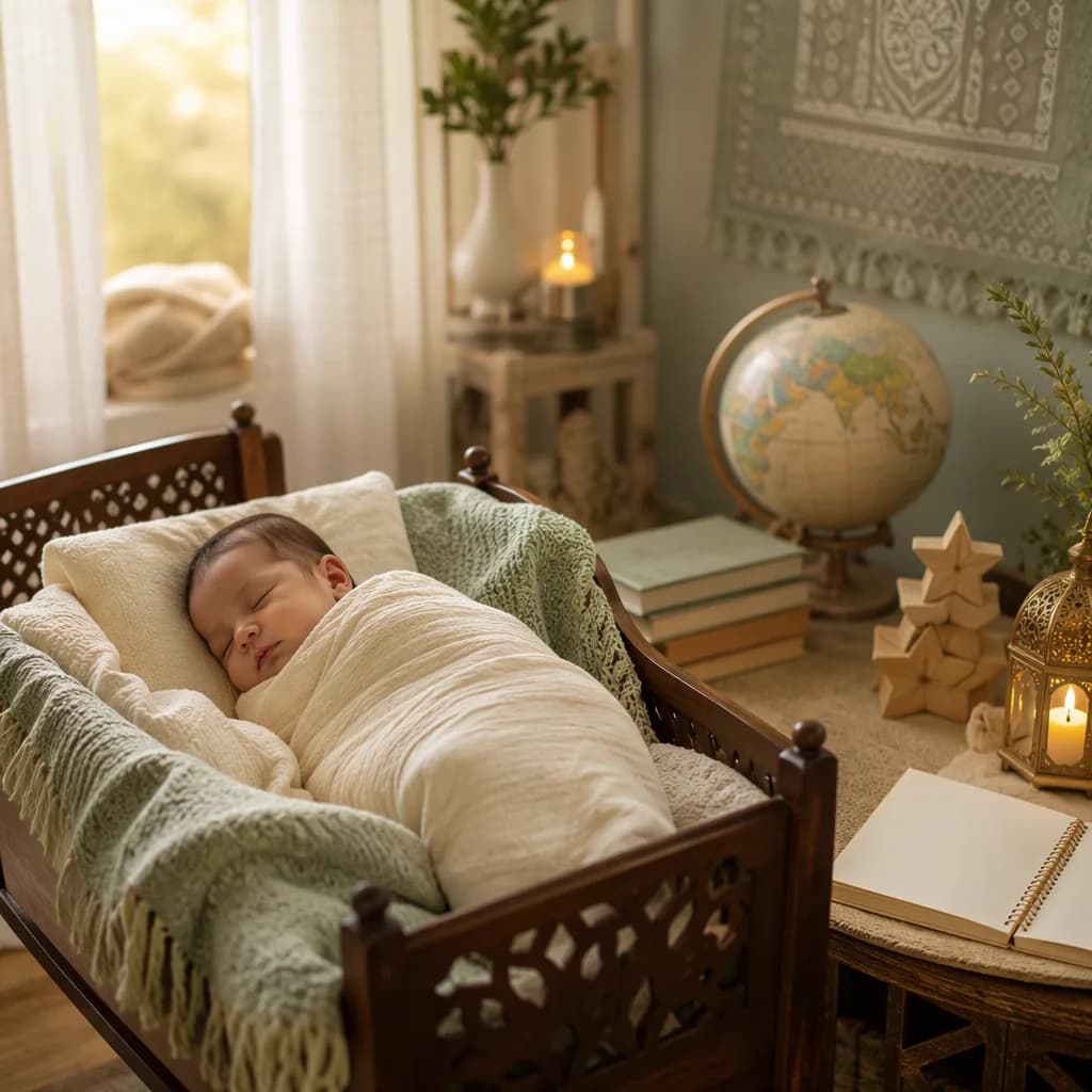 Sleeping baby in a cozy pastel nursery with soft cultural decor and discovery-themed accents