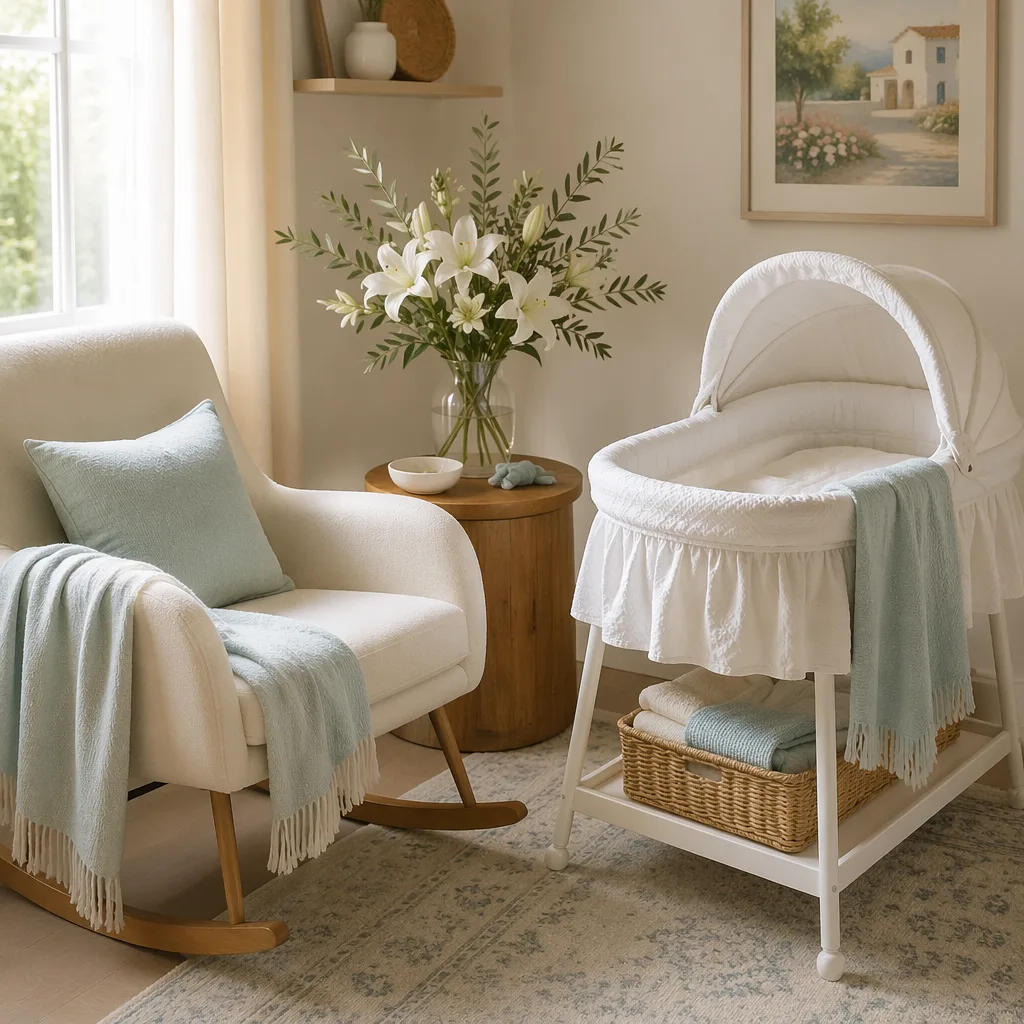Soft Spanish-inspired nursery with a white bassinet, pale blue accents, lilies, and olive branches.