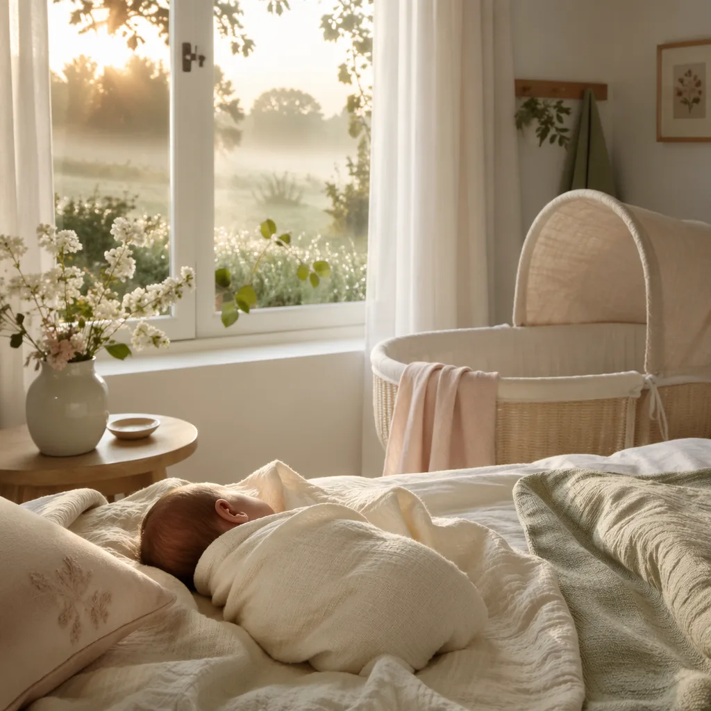 Peaceful Spanish nursery with a swaddled baby in soft dawn light and dewy greenery.