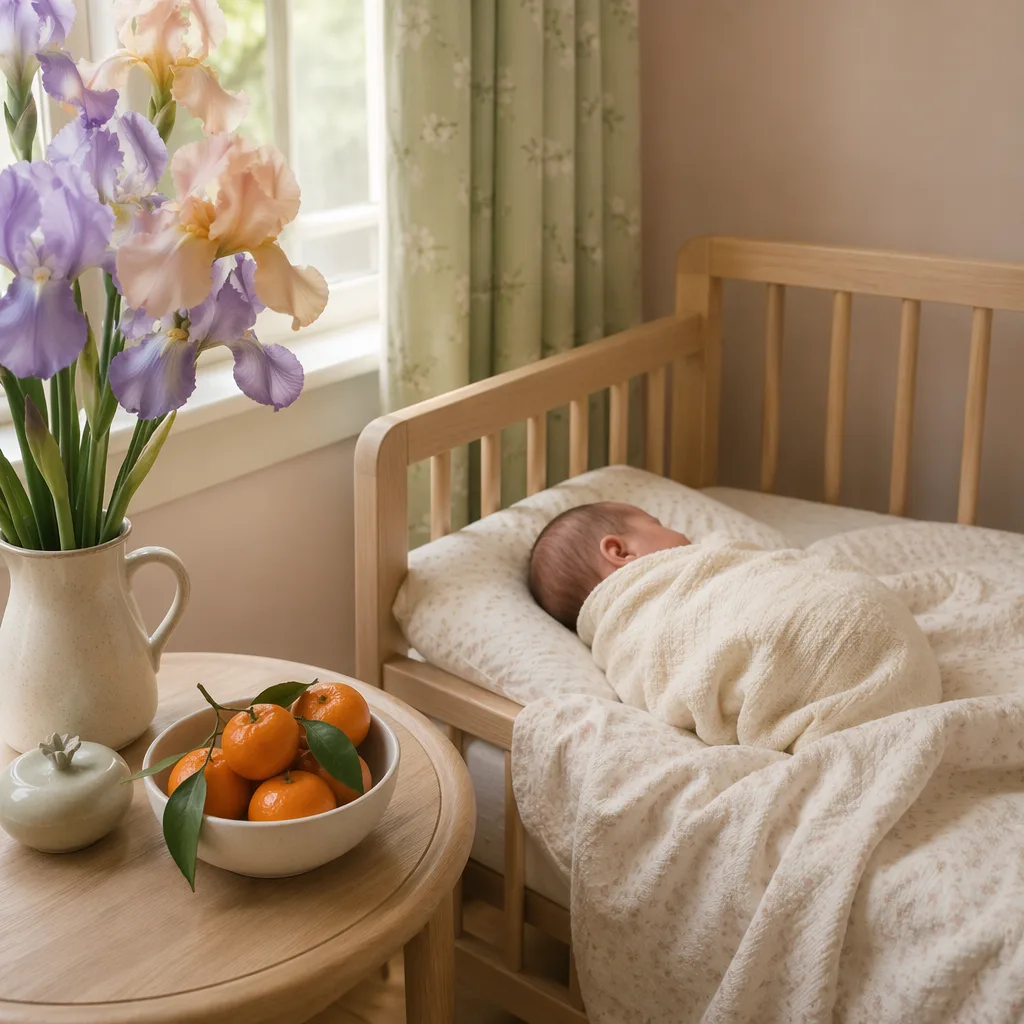 A cozy nursery scene with a swaddled baby, pastel iris flowers, and clementines in soft natural light.