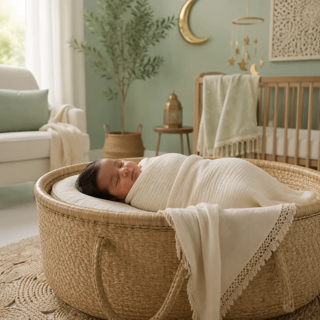 Sleeping baby in a warm pastel nursery with gentle South Asian-inspired accents.