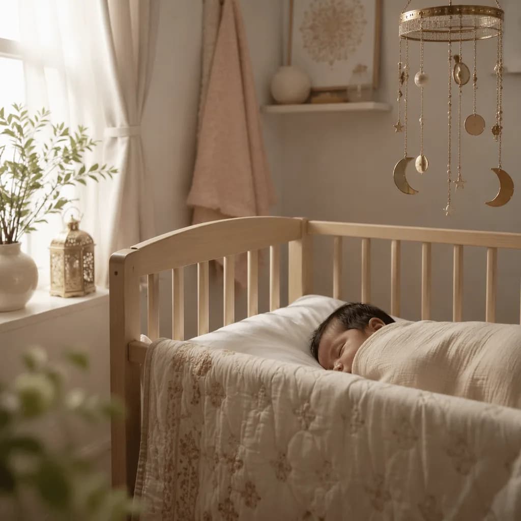 Peaceful baby sleeping in a soft pastel nursery with subtle South Asian-inspired decor.