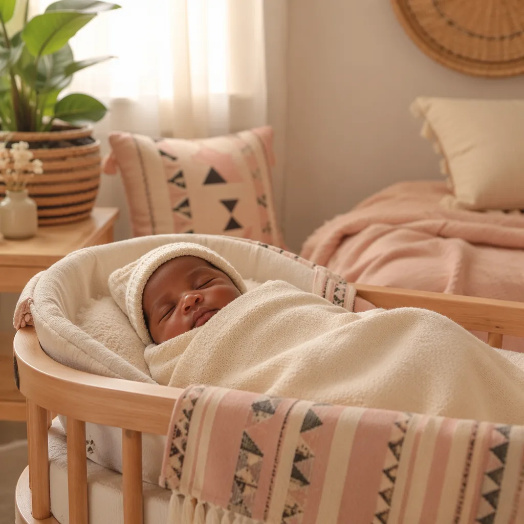 Sleeping newborn in a cozy pastel nursery with subtle Igbo-inspired accents.