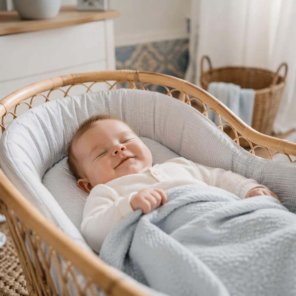 Peaceful baby in a soft pastel nursery with warm natural light.