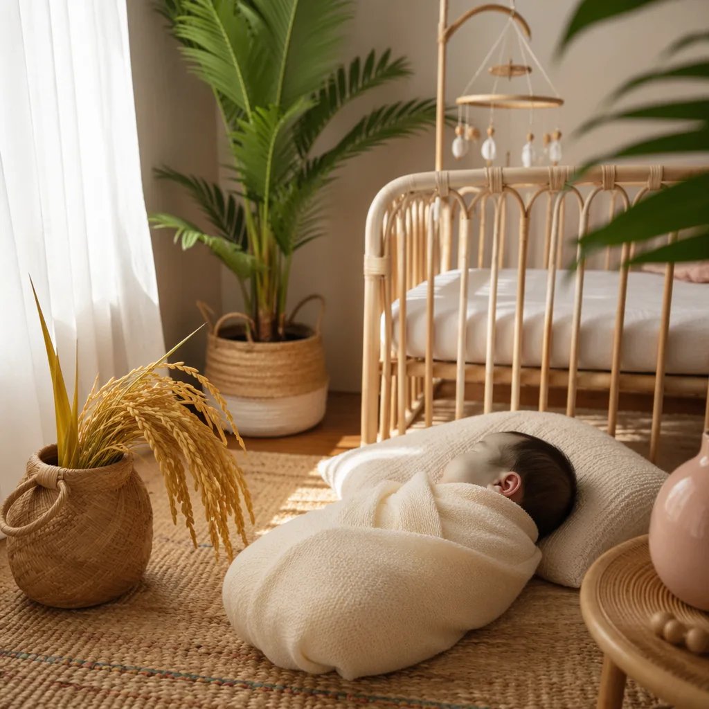 A softly lit Filipino-inspired nursery with a swaddled baby and golden rice stalks.
