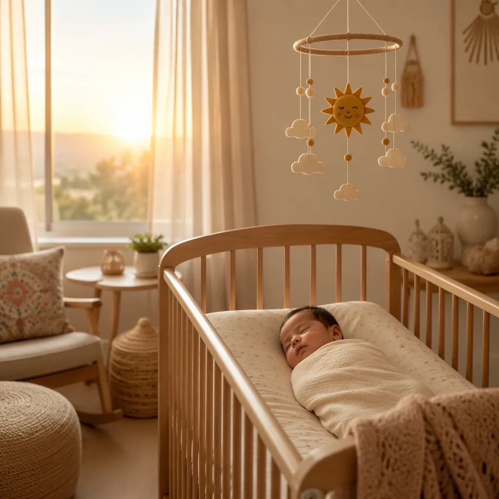A peaceful swaddled baby in a soft pastel nursery lit by warm sunrise light.