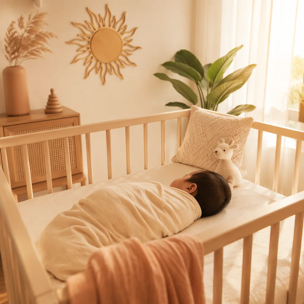 A peaceful swaddled baby in a warm pastel nursery lit by soft sunrise light.