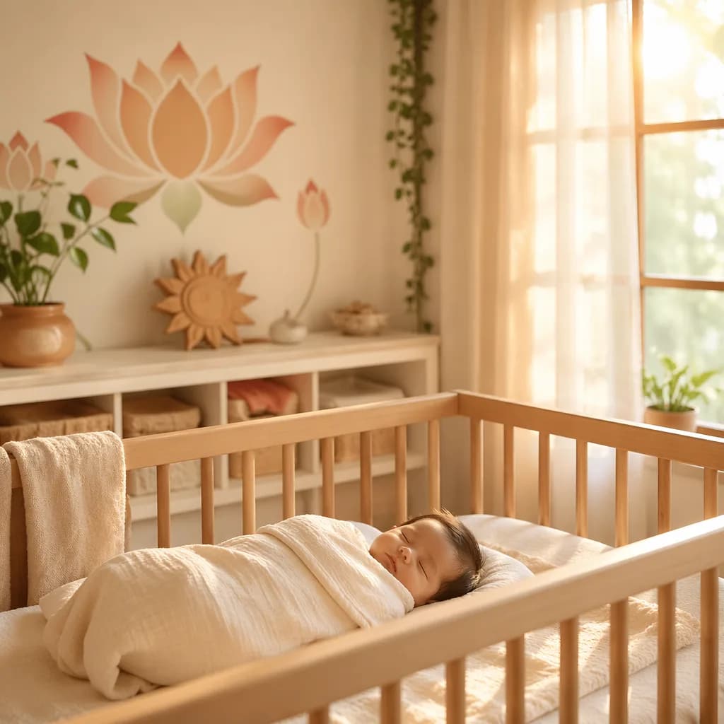 A peaceful pastel nursery with a swaddled baby, sunrise light, and subtle lotus and sun decor.