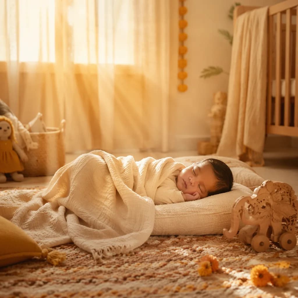 A peaceful baby in a cozy nursery bathed in soft golden morning light.