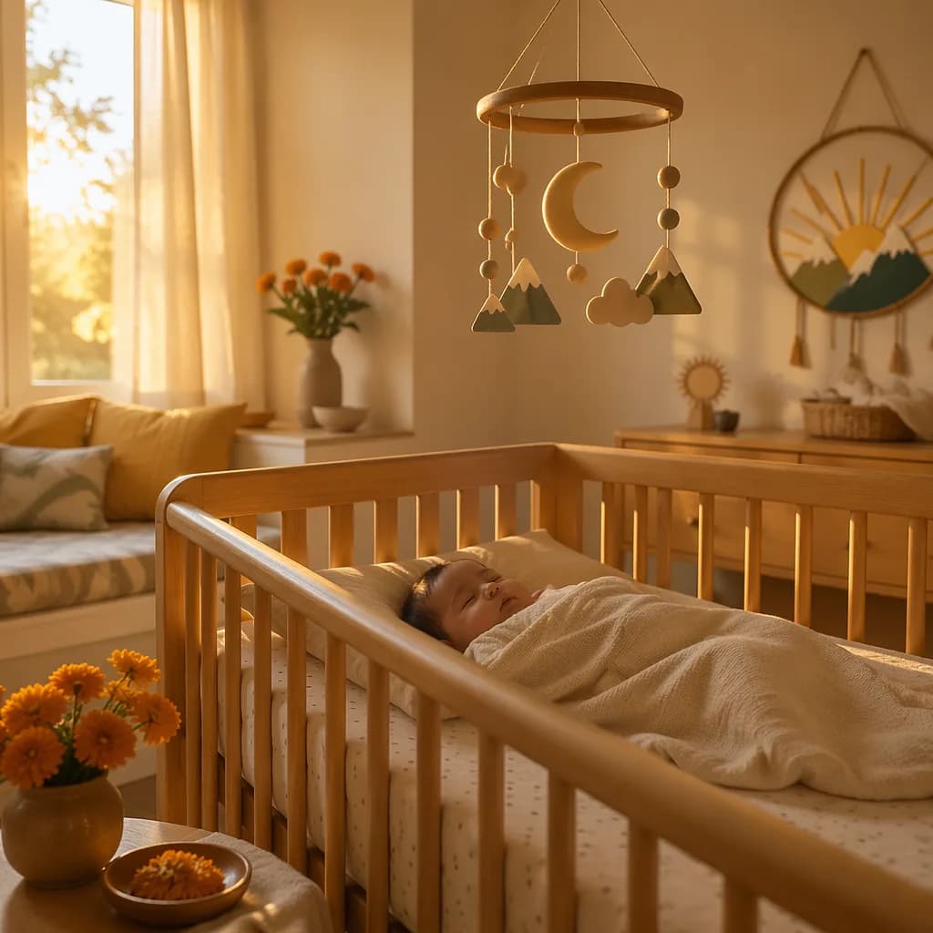 A peaceful baby nursery with soft sunrise light and subtle Indian-inspired decor.