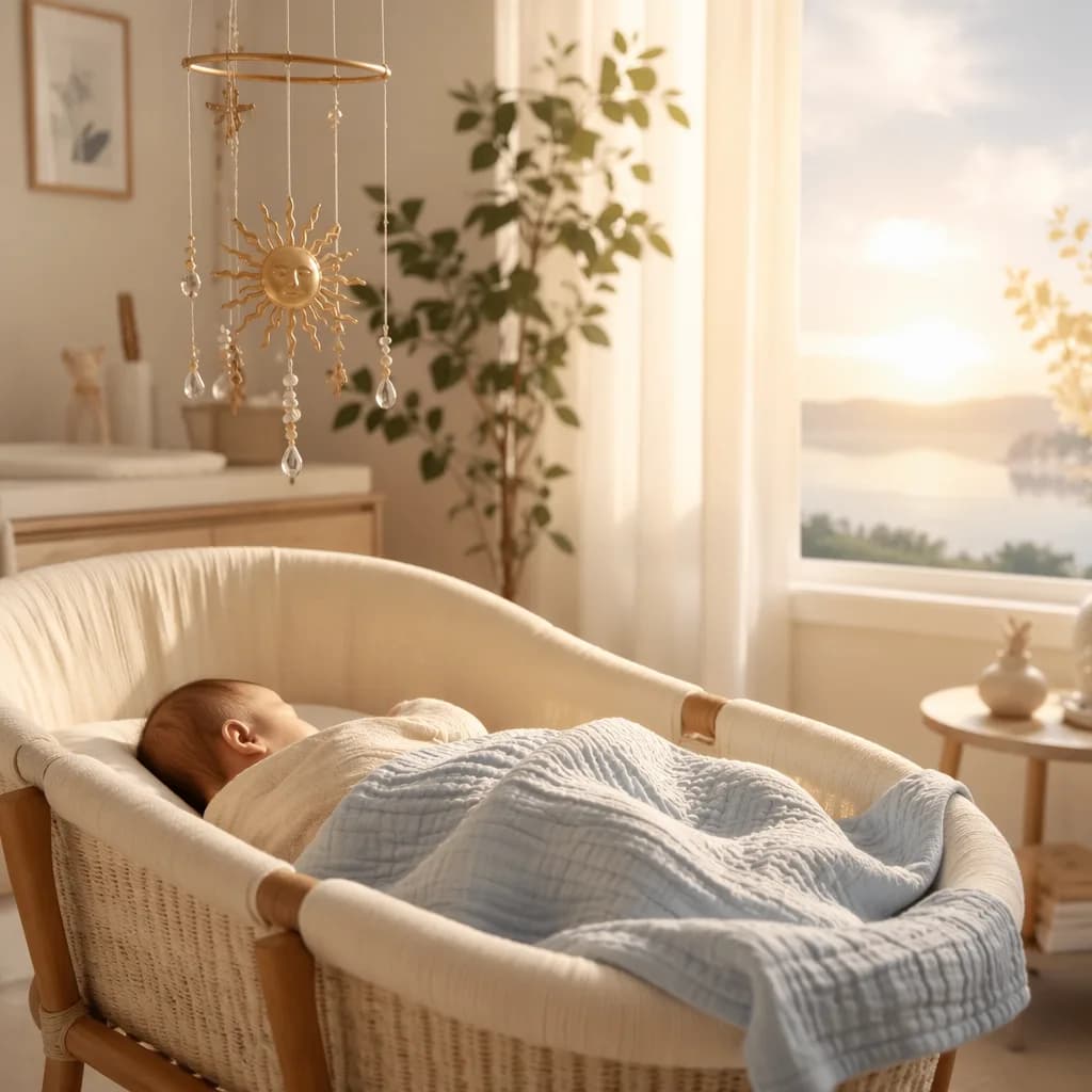 A peaceful pastel nursery with a sleeping baby, sun mobile, and soft blue blanket.