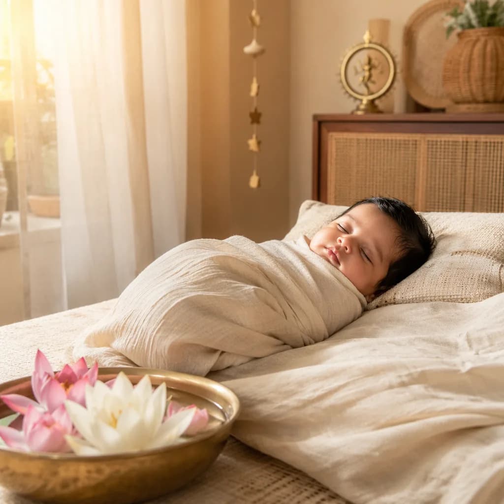 Sleeping swaddled baby in a soft pastel nursery with lotus flowers and warm morning light