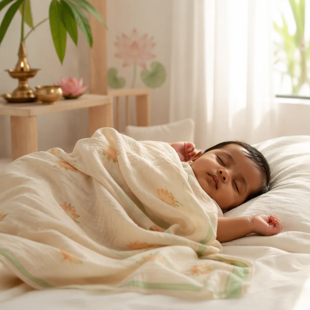 A peaceful Bengali baby sleeping in a softly lit pastel nursery with gentle cultural decor.