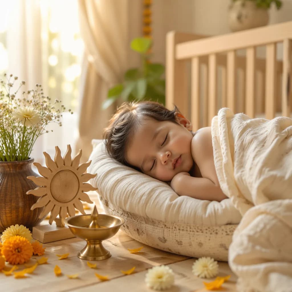 Serene Indian baby in a pastel nursery with gentle sunlight and divine-inspired decor.