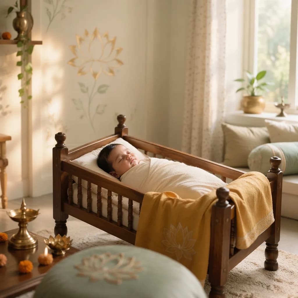 A peaceful newborn in a soft pastel nursery with gentle Indian-inspired decor.