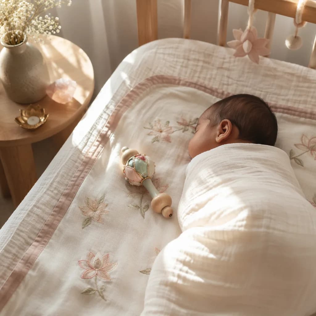 A softly lit nursery scene with a swaddled baby and delicate jewel-inspired accents.