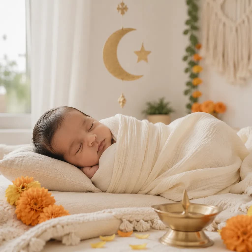 Peaceful swaddled baby in a soft nursery with pastel Indian-inspired details.