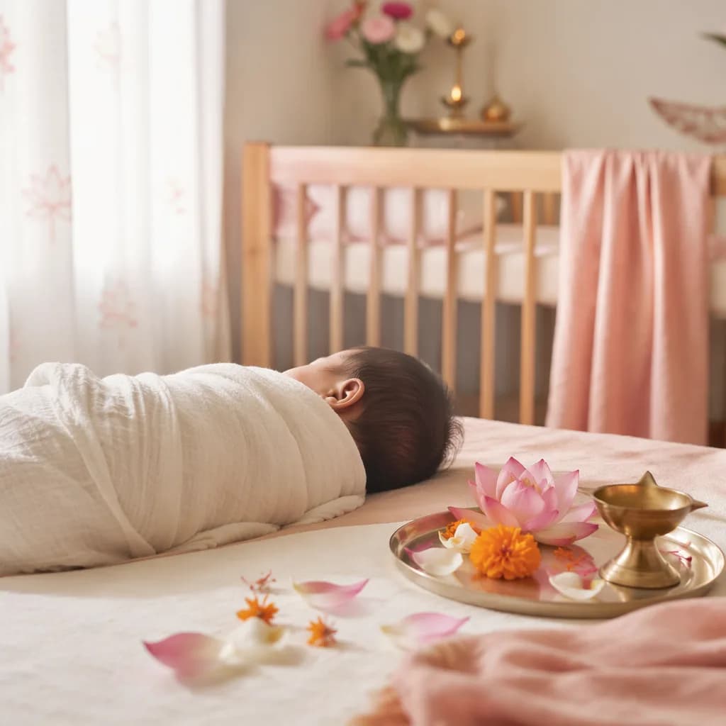 Soft pastel nursery scene with a swaddled sleeping baby and gentle Indian-inspired blessing details.