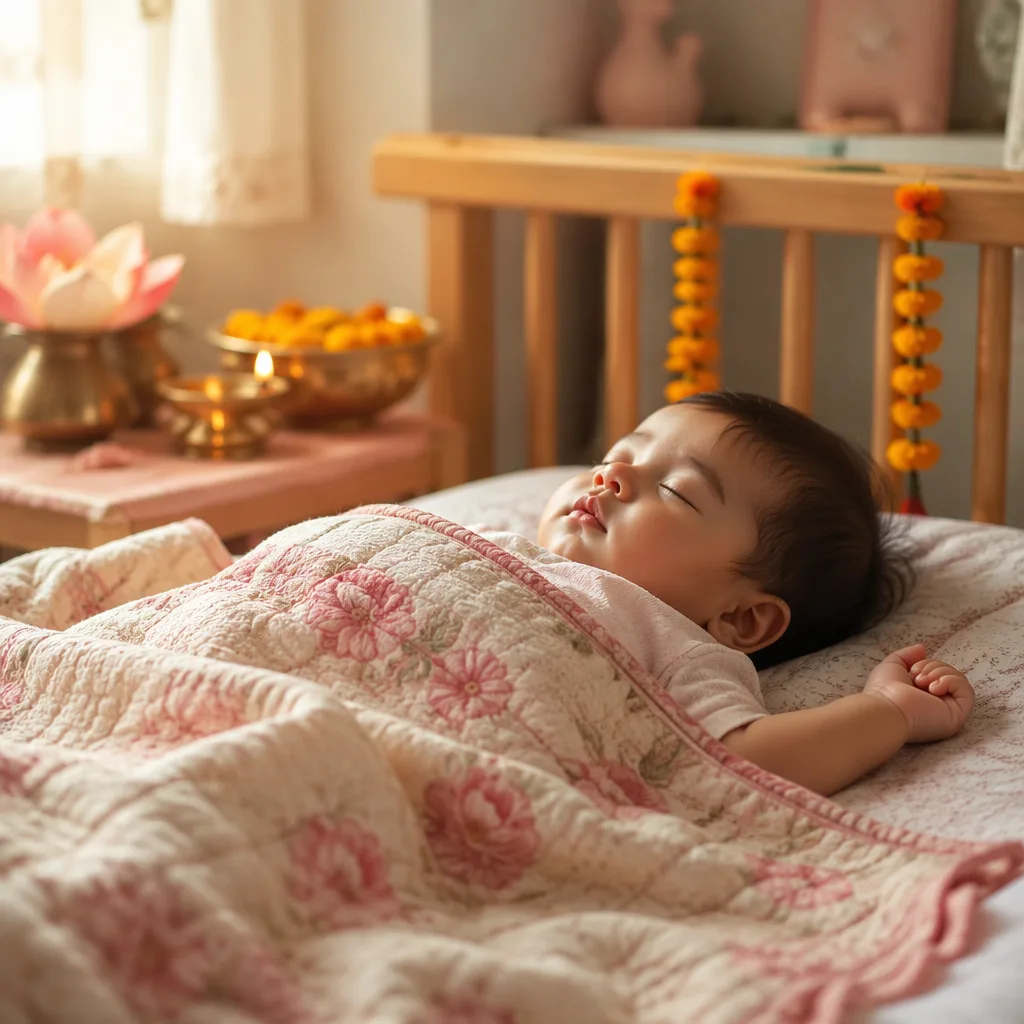 Sleeping Bengali baby in a soft pastel nursery with lotus and warm festive accents