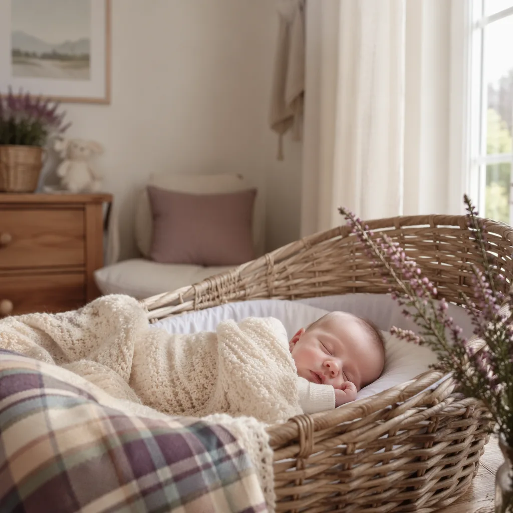 Sleeping baby in a cozy Scottish-inspired nursery with heather and a soft tartan blanket