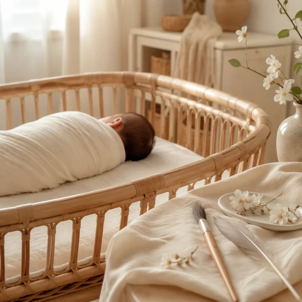Peaceful pastel nursery with a swaddled baby and soft symbolic details.