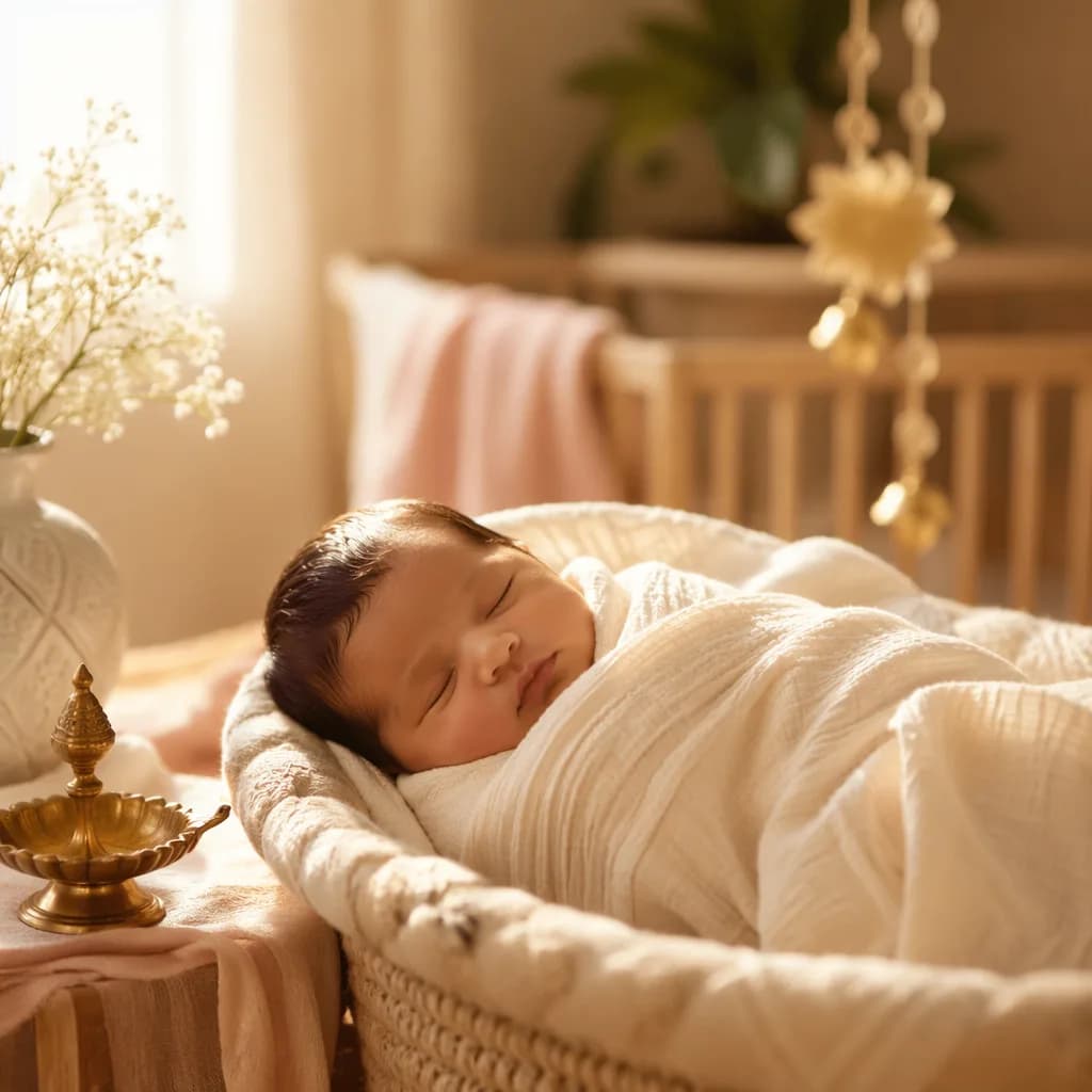 Sleeping swaddled baby in a warm pastel nursery with subtle Indian-inspired decor.